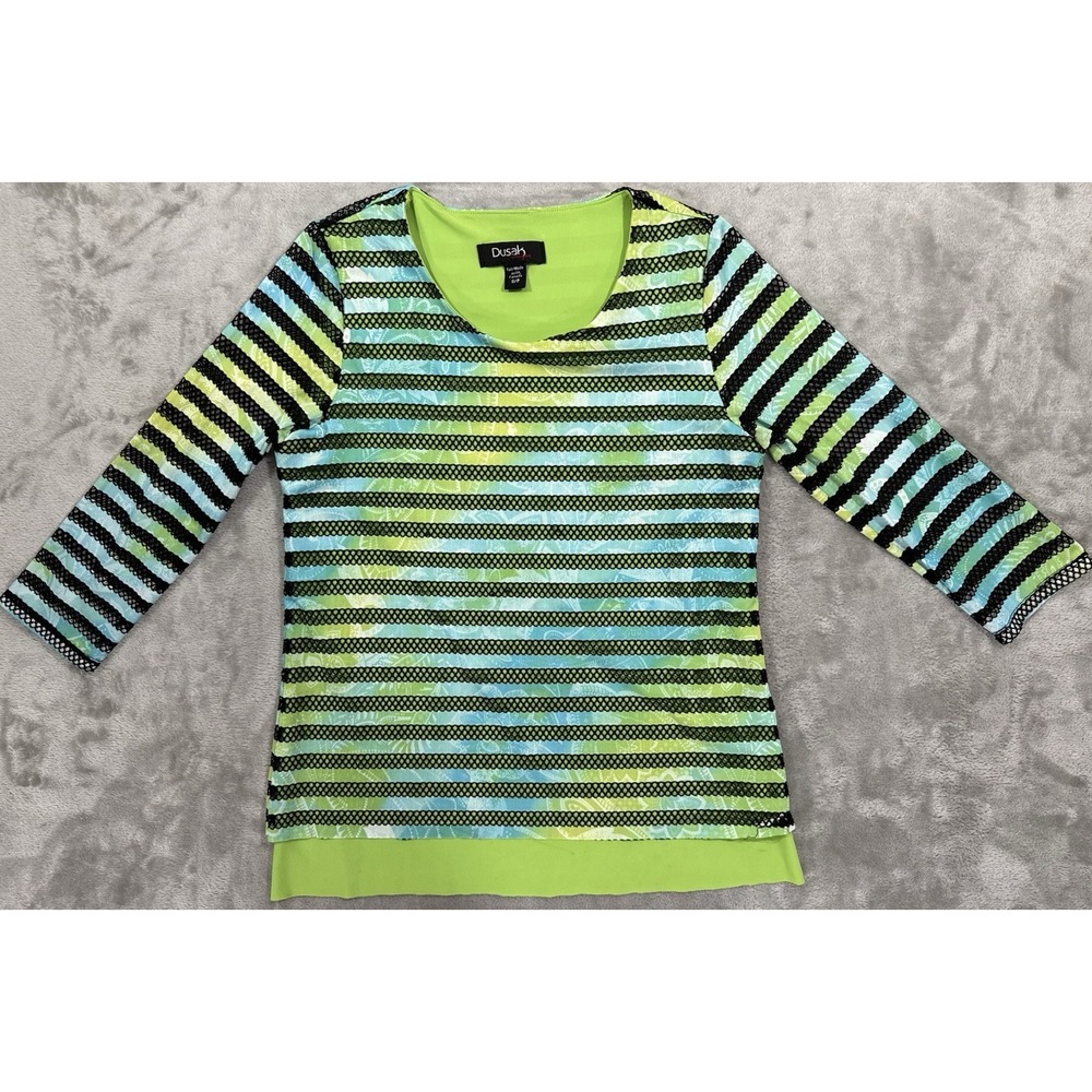 Dusak‎ Designs Shirt Womens S Green Stretch 3/4 Sleeve Striped Lace Overlay Y2K
